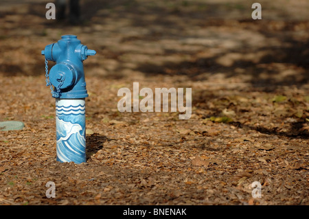 Artisticamente dipinti blu idrante di fuoco con un tema dell'acqua. Foto Stock