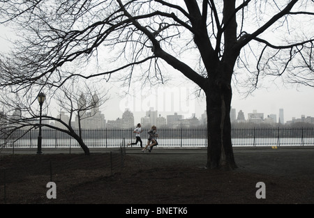 Guide di scorrimento in una giornata invernale nel Central Park di New York City Foto Stock