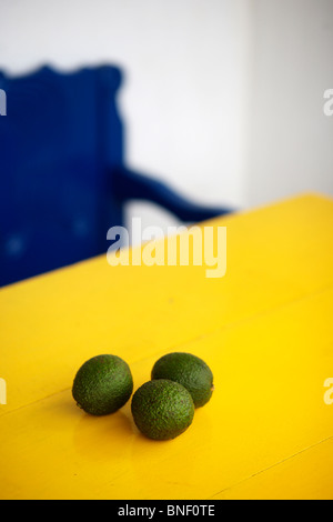 Frutto di avocado (Persea americana) su una tabella di colore giallo in Guatemala Foto Stock