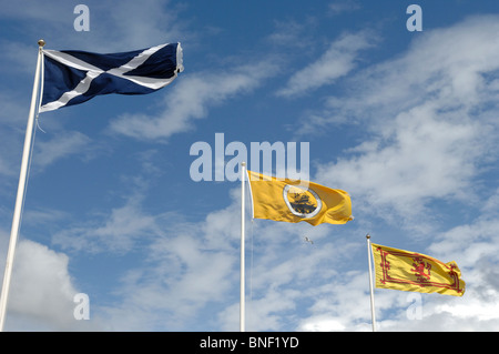 Una fila di tre bandiere scozzesi tra cui Saint Andrews e il leone rampante battenti contro un cielo blu in Ullapool Scozia Scotland Foto Stock