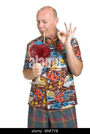 Espressivo Vecchio Uomo in camicia forte concetto di vacanza isolata contro il bianco. Foto Stock