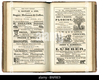 Pagina di vecchi annunci classificati da un 1873 Essex County, Massachusetts business directory. Foto Stock