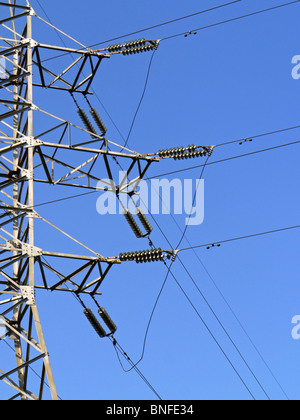 Alta tensione della linea di alimentazione della torre di trasmissione (dettaglio), Mosca, Russia Foto Stock