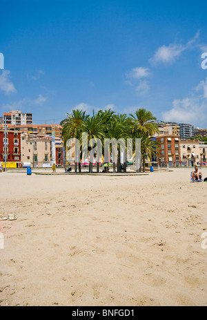 Palme sulla spiaggia di Villajoyosa con colorati edifici in stile moresco in background Foto Stock