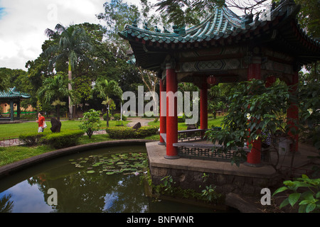 Un laghetto di gigli e la pagoda nel giardino cinese nei pressi di Intramuros - Manila, Filippine Foto Stock