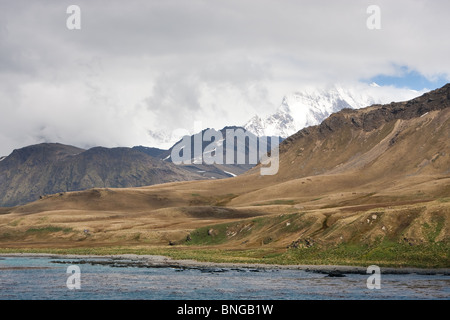 La vista delle montagne attorno al re Edward Cove, off Grytviken sull Isola Georgia del Sud Foto Stock