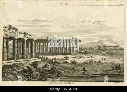 Circa 1810 incisione di rovine greche in Italia, "temp1 di Pesto". Foto Stock