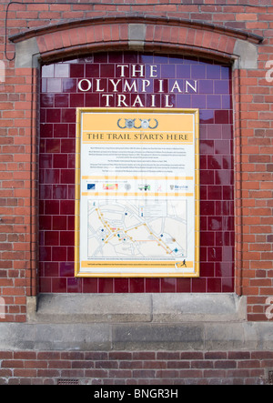 Olympian Trail information board in Much Wenlock, Shropshire, Inghilterra Foto Stock