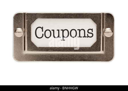 Coupon file etichetta cassetto isolato su uno sfondo bianco. Foto Stock