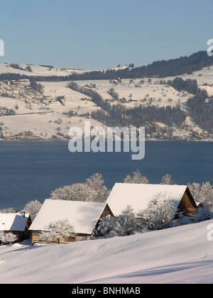 In Svizzera il Lago di Aegeri Cantone di Zugo paesaggio paesaggio invernale freddo della neve natura montagne colline alberi case Foto Stock