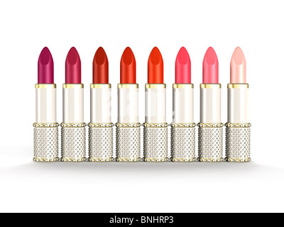 Tavolozza di rossetto di lusso tubi di colori che vanno dal porpora, rosso al rosa oggetti isolati su sfondo bianco Foto Stock