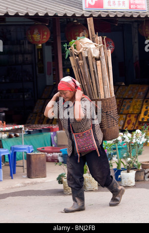 Karen hill tribe donna trasportare il legno in Doi Mae Salong, Chiang Rai, Thailandia Foto Stock