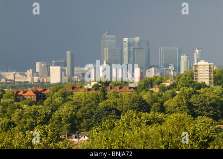 Green London, guardando in lontananza verso Canary Wharf, lo skyline della City di Londra dalla periferia sud-est di Londra, case, blocchi di alberi in primo piano. 2010 2010 UK HOMER SYKES Foto Stock