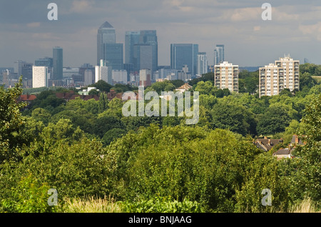 Green London, guardando verso la Canada Tower a Canary Wharf in lontananza, lo skyline della City di Londra dalla periferia sud-est di Londra, case, blocchi di alberi in primo piano. 2010 2010 UK HOMER SYKES Foto Stock