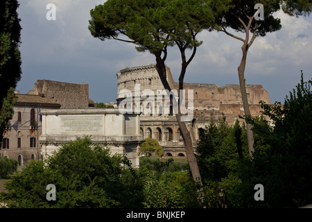 Il Colosseo o il Colosseo di Roma, Italia. Vista dal Foro Romano (Palatino), compresa l'Arco di Tito. Foto Stock