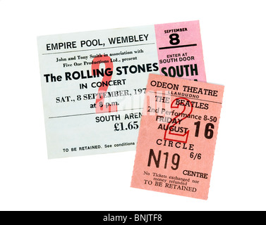 Concerto di biglietti per concerti da i Beatles e i Rolling Stones. Foto Stock