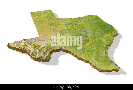 Texas, 3D rilievo mappa cut-out con le aree urbane e le autostrade interstatali. Foto Stock