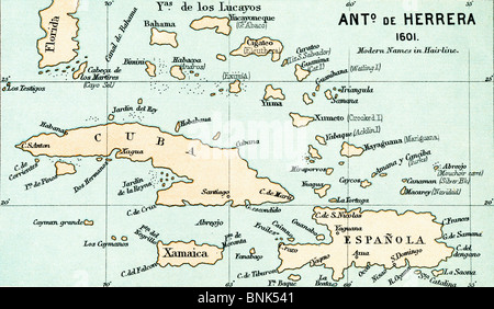 Antonio de Herrera y Tordesillas mappa di Bahamas, 1601. Foto Stock