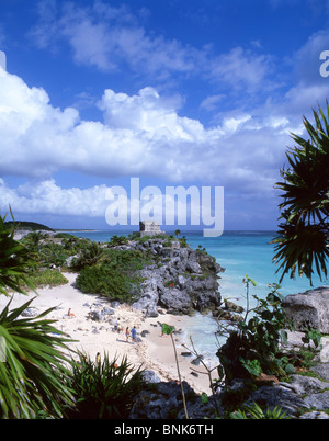 Tempio maya sito archeologico, Tulum, Quintana Roo Stato, Messico Foto Stock