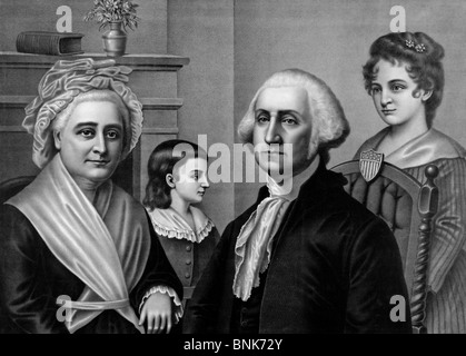 George Washington seduto, mezza lunghezza, con Martha Washington e due figli, a Mount Vernon Foto Stock