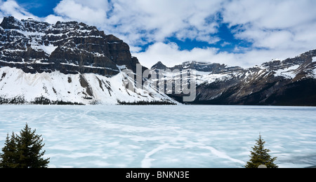 Vista panoramica di congelati al Lago Bow lungo la Icefields Parkway il Parco Nazionale di Banff in Canada Foto Stock