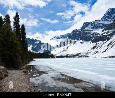 Vista dalla riva del lago di prua verso il Ghiacciaio Crowfoot lungo Icefields Parkway il Parco Nazionale di Banff in Canada Foto Stock