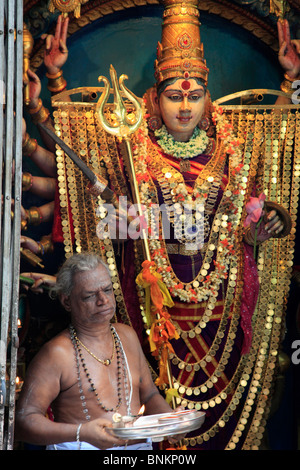 Singapore, divinità Indù, sacerdote bramino, Sri Veeramakaliamman tempio, Foto Stock