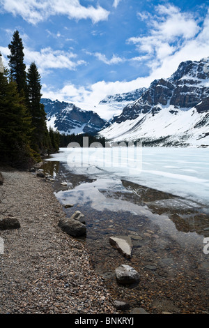 Vista dalla riva del lago di prua verso il Ghiacciaio Crowfoot lungo Icefields Parkway il Parco Nazionale di Banff in Canada Foto Stock