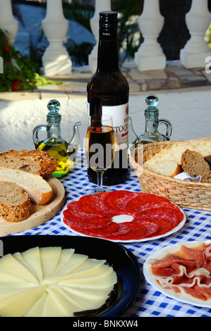 Selezione di tapas, pane rustico, formaggio Manchego, jamon serrano (salumi salame), un bicchiere di sherry. Foto Stock