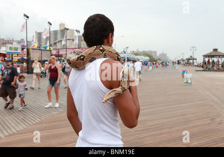 Uomo Serpente di contenimento sulle sue spalle sul lungomare a Coney Island NY Foto Stock