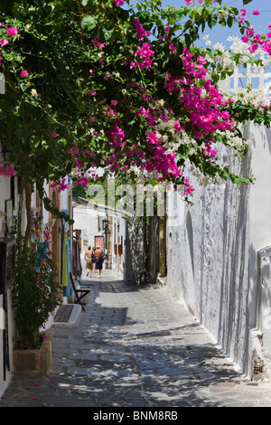 Typical street in the village of Lindos, Rhodes, Greece Foto Stock