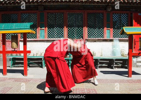 Due monaci mongola pratica wrestling in preparazione per il prossimo festival Naadam Foto Stock