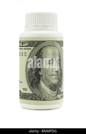 Un centinaio di dollari US di legge sulla medicina in plastica bottiglia isolato su bianco Foto Stock