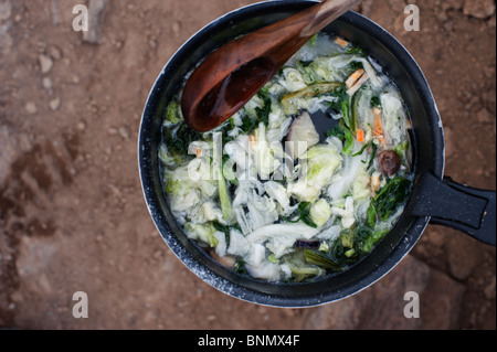 Instant zuppa di miso essendo cotti in un leggero pot campeggio su un fornello da campeggio. Foto Stock
