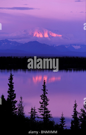 Alpenglow su Mt Blackburn riflette in Willow Lago AK SC Wrangell-St Elias NP Foto Stock