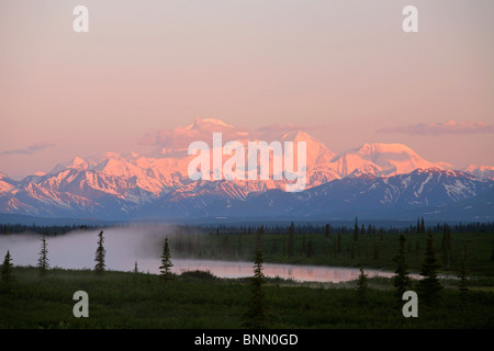 Mt. Mckinley riflessa nel piccolo lago di sunrise in ampia Pass, Alaska Range, Parco Nazionale di Denali, Alaska Foto Stock