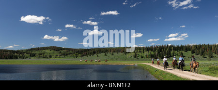 Valutazione di equitazione battenti un ranch Guest Ranch Bondurant Wyoming usa lago di foresta Foto Stock