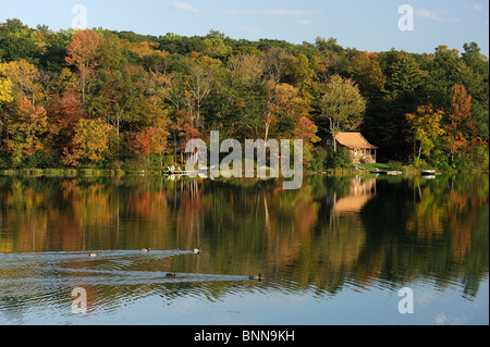 Il lago di Mt. Tom stato parco Bantam Connecticut USA America Stati Uniti d'America acqua autumn fall forest Foto Stock