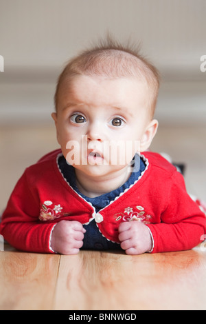 Una fotografia scattata in interni di diciotto diciotto settimane vecchio Caucasian bambina la posa sul suo ventre Foto Stock