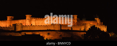 La vecchia città fortificata di Carcassonne, Francia - illuminati per il giorno della Bastiglia Foto Stock