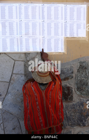 Un uomo di Quechua che indossa abiti tradizionali cerca il suo nome sul rotolo elettorale sul muro fuori del Municipio, Ollantaytambo, Valle Sacra, Perù Foto Stock