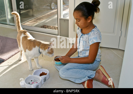 Alimentazione gatto pet 6-8 anni ragazza afro-americano di alimentazione di un gatto. Signor © Myrleen Pearson Foto Stock