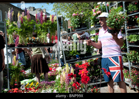 Il venditore che mostra la sua mercanzia, Columbia Road Flower Market, LONDRA, E2, England, Regno Unito Foto Stock