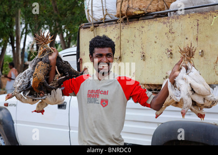 India - Orissa - tribù Dhuruba mercato - polli per la vendita Foto Stock