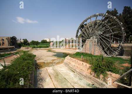 Legno gigante waterwheels aka Norias, sul fiume Oronte, Hama, Siria Foto Stock