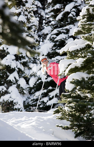 Una donna picchi fuori da dietro un ramo come ella gli sci tra i fiocchi di neve alberi. Foto Stock