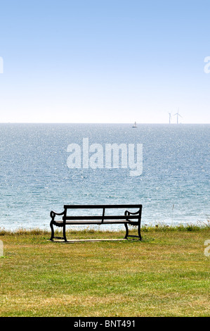 Banco vuoto sull'erba in cima alla scogliera con mare in background Foto Stock