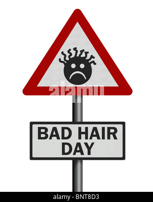 Foto realistiche riflettente metallico " bad hair day' firmare, isolato su un puro sfondo bianco. Foto Stock