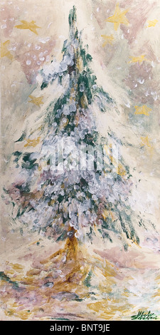 Un dipinto a mano composizione decorativa che rappresenta un albero di Natale con la neve Foto Stock