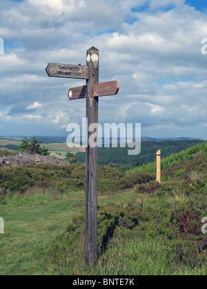 In legno dando Fingerpost vari diritti pubblici del modo in parte su tre fratelli collina nella Valle di Tweeed Forest Park Foto Stock